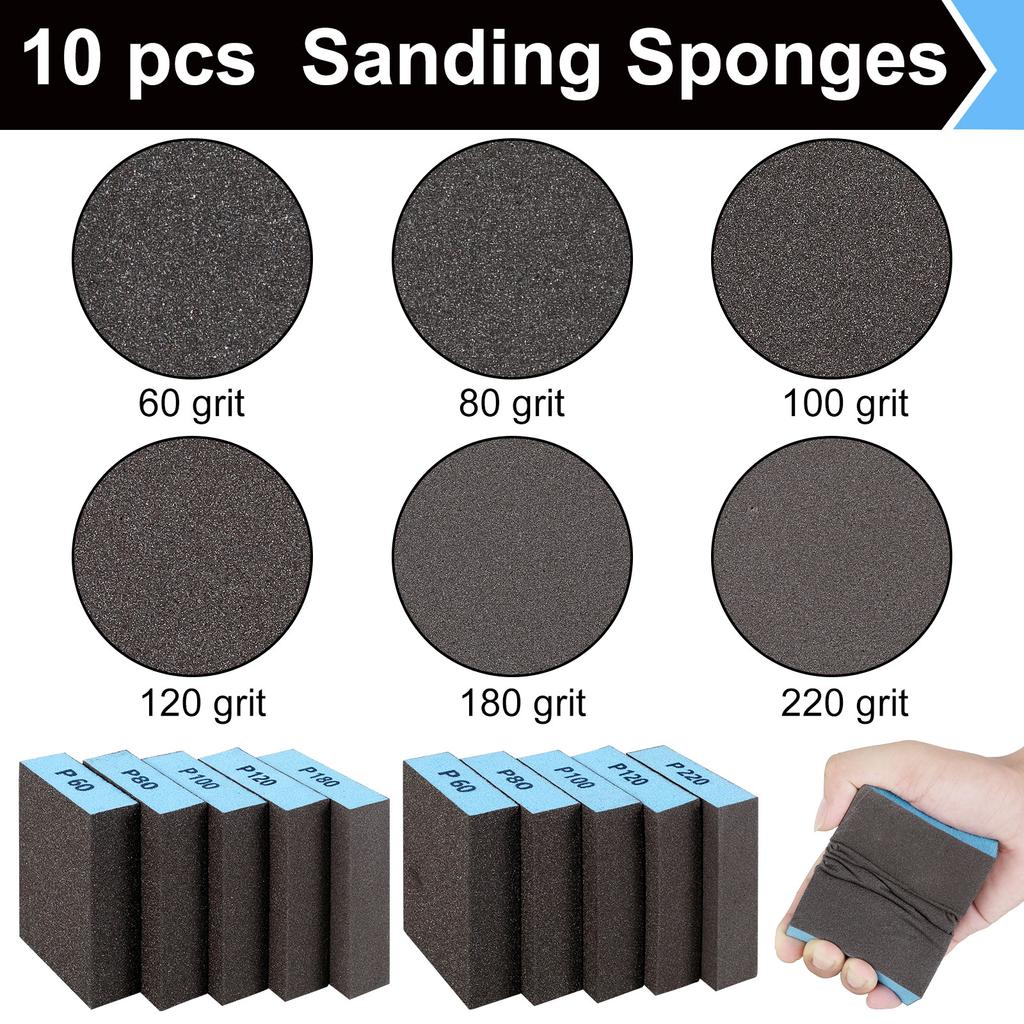 10PCS Sanding Block Washable and Reusable Sanding Sponge For Wood Drywall Metal Glasses Coarse 60-220 Grit Sandpaper Block