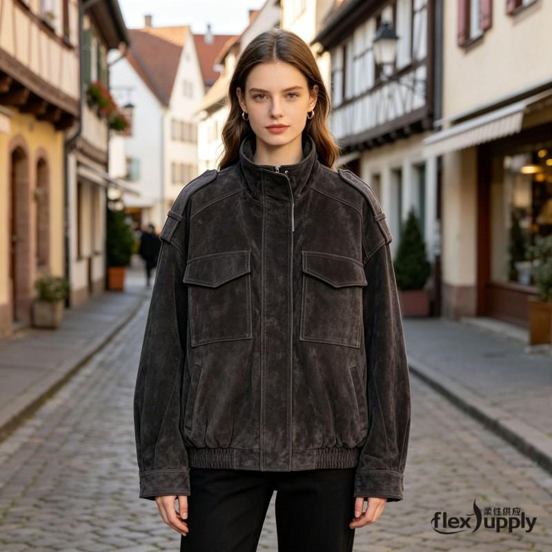 Женская Оверсайз Куртка из Искусственной Кожи в Винтажном Streetwear Стиле Материал ПУ Воротник-стойка Молния спереди Черный Хаки