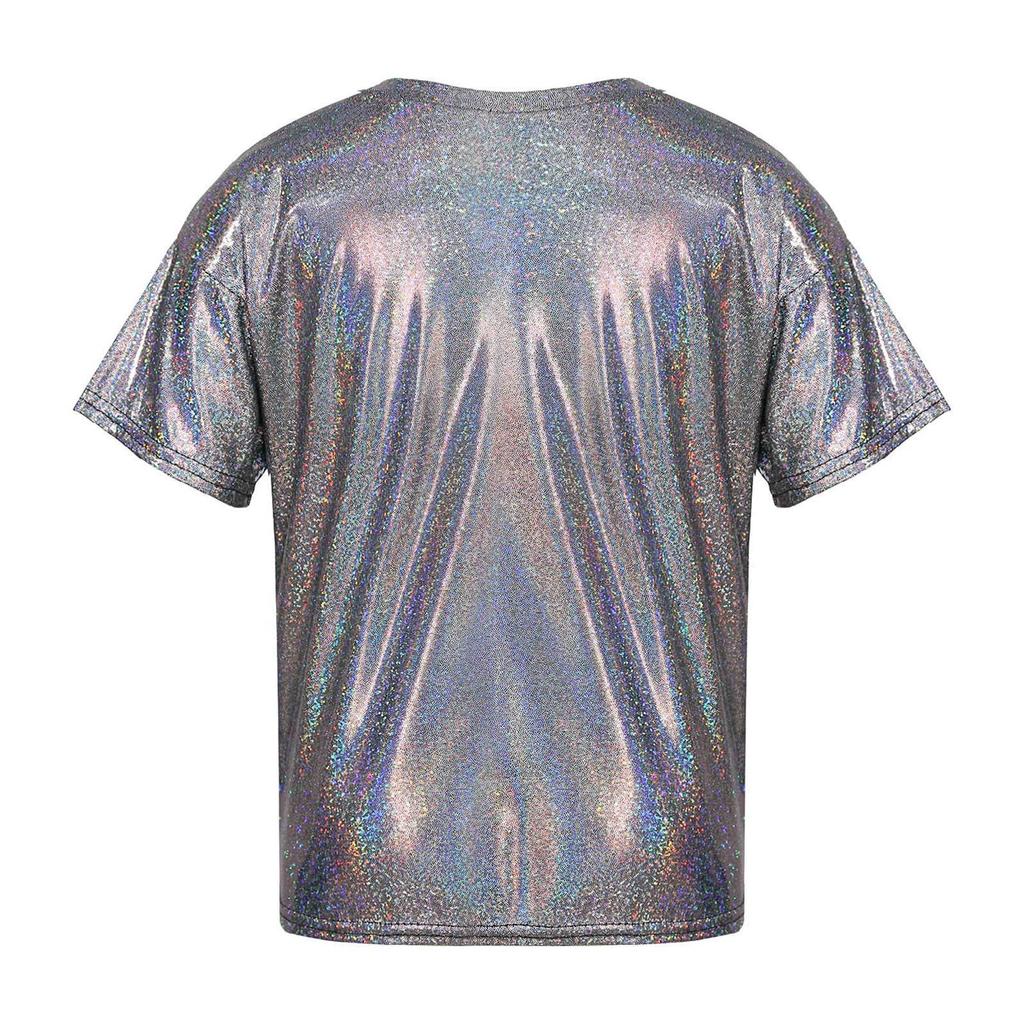 Детская унисекс одежда для девочек и мальчиков, повседневная танцевальная одежда с коротким рукавом, металлизированная блестящая блузка, топ