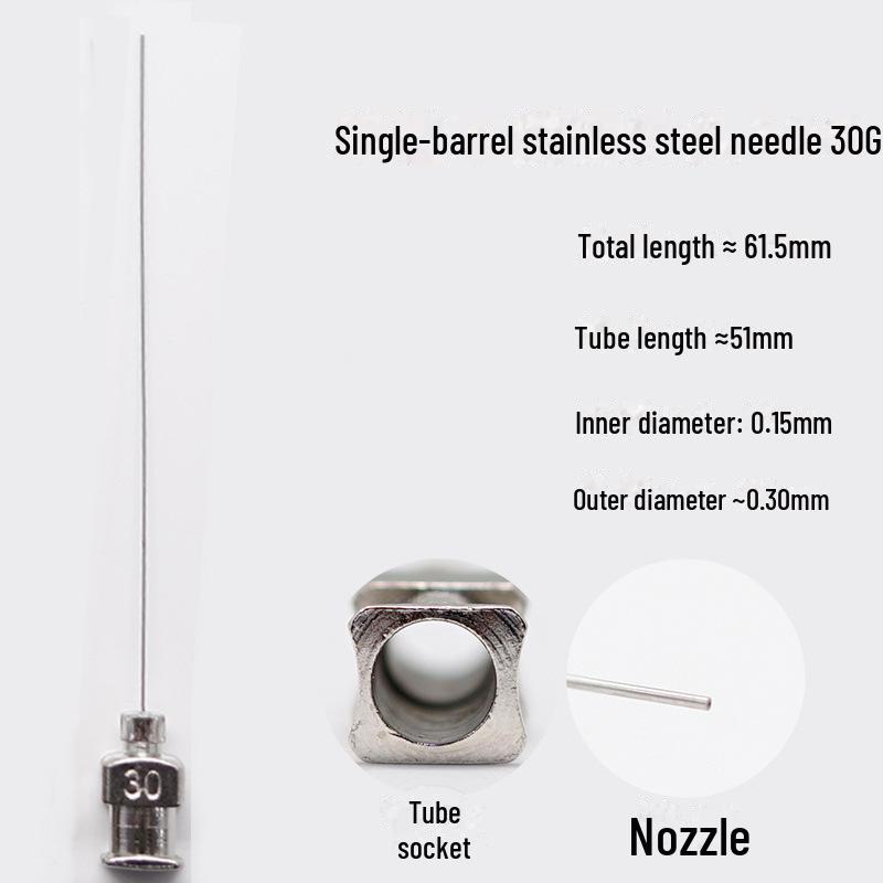 Дозирующая игла из нержавеющей стали с плоским кончиком, общая длина 61,5 мм, длина трубки 50 мм.