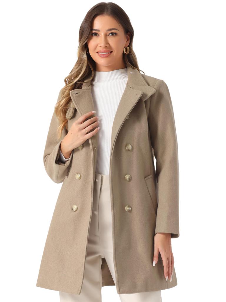 Allegra K Women's Winter Double-Breasted Stand Collar Classic Peacoat, Brown, Size L