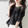 MODIQUE, летняя женская футболка больших размеров, повседневные свободные кружевные футболки, хлопково-льняная рубашка с круглым вырезом, короткий рукав