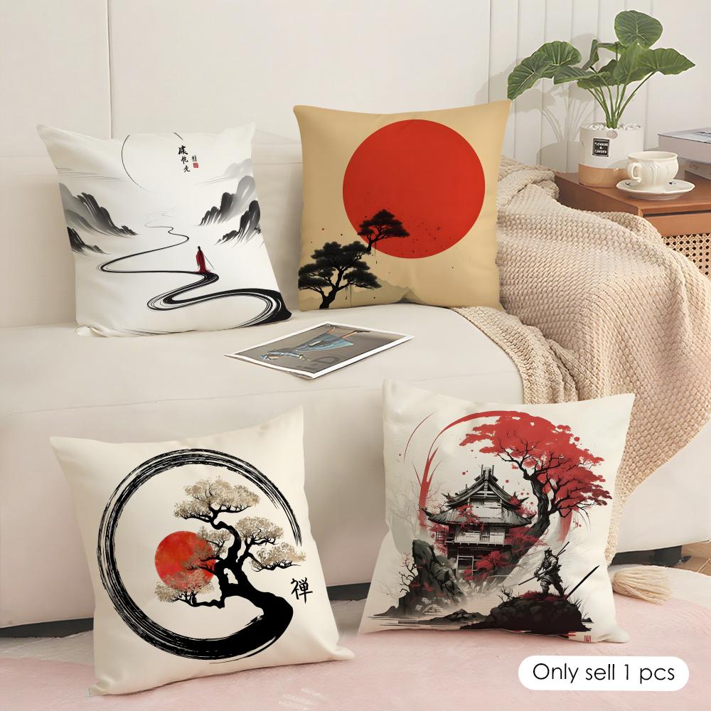 Chinese Ink Painting Style Cushion Cover Soft Short Plush Pillow Cover Smooth Cozy Texture Aesthetic Cushion Case Home Decor