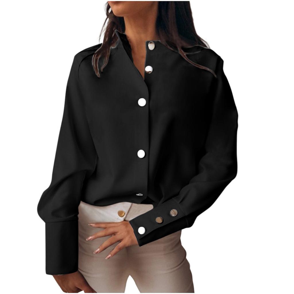 Женские свободные модные рубашки, однотонные рубашки с воротником-стойкой и длинными рукавами, тонкие топы