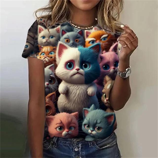 Модная женская футболка с 3D принтом Kawaii Cat Pattern, топ с короткими рукавами и круглым вырезом, летняя уличная повседневная уличная простая одежда
