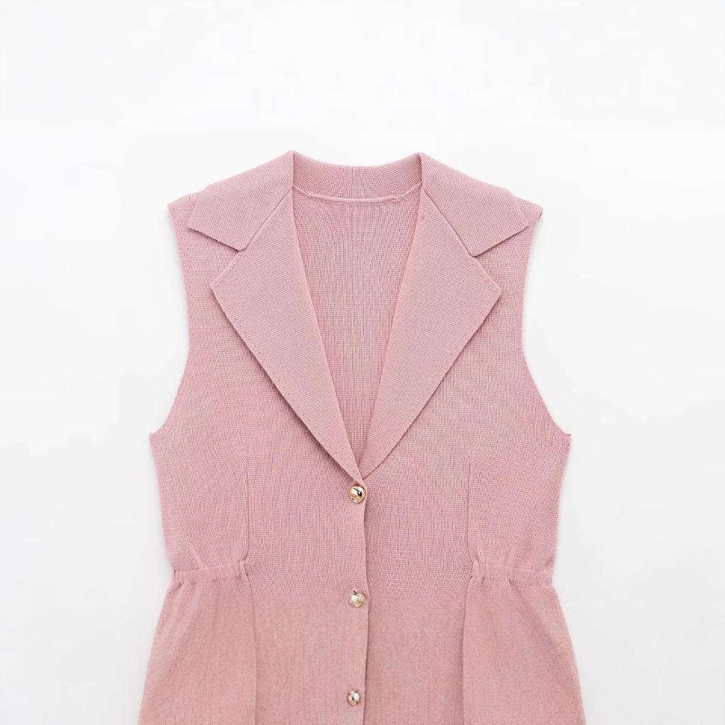 Женская мода весна 2025: Универсальный вязаный жилет в европейском и американском стиле с присборенной талией