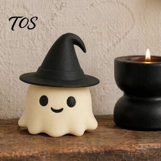 Small Desk Decorations for Halloween Ghost Ornament, with Wizard Hat, 3D Printed Cute Figurines, Creative PLA Ornaments Compact Matte Desktop Statues,
