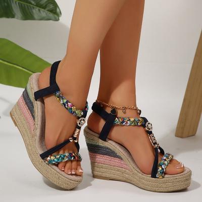 Модные женские летние 2025 Новые эластичные туфли на высоком каблуке с пряжкой, сандалии на платформе, украшенные цветами, стиль, стройнящие, супервысокие