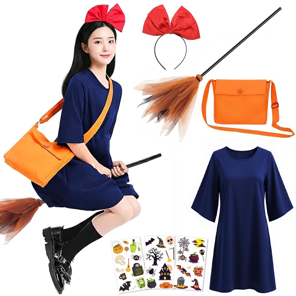 COZENRE Witch Kiki Cosplay Halloween Costume Ribbon Headband + Dress Bag Broom Stickers 3 7-piece Set Outfit women girls cute adorable Kikis Delivery