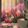 4Pcs Bathroom Shower Curtain Set Pink Tulip Pattern Bathroom Curtain With 12 Hooks Non Slip Rugs Toilet Cover Mat Bathroom Partition