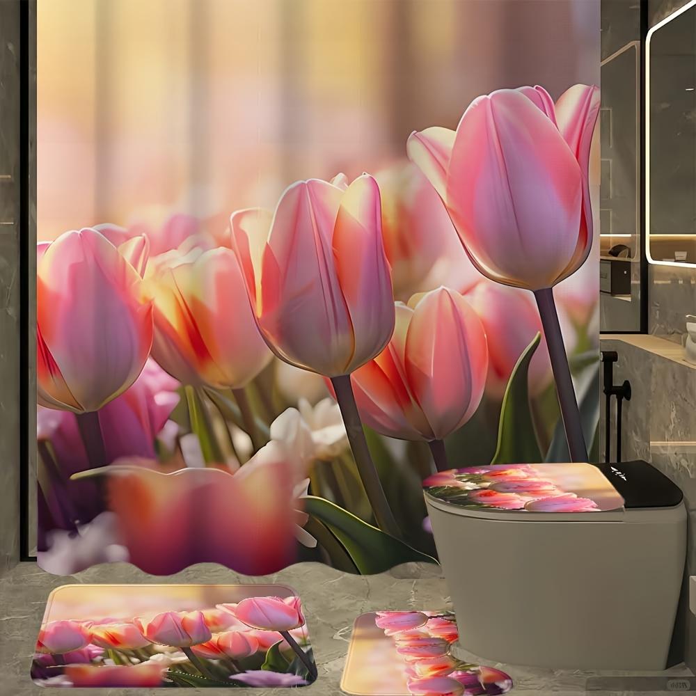 4Pcs Bathroom Shower Curtain Set Pink Tulip Pattern Bathroom Curtain With 12 Hooks Non Slip Rugs Toilet Cover Mat Bathroom Partition