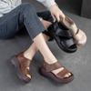 Women Sandals Thick Sole Peep Toe Platform Shoes Genuine Leather Vintage Comfortable Sandals