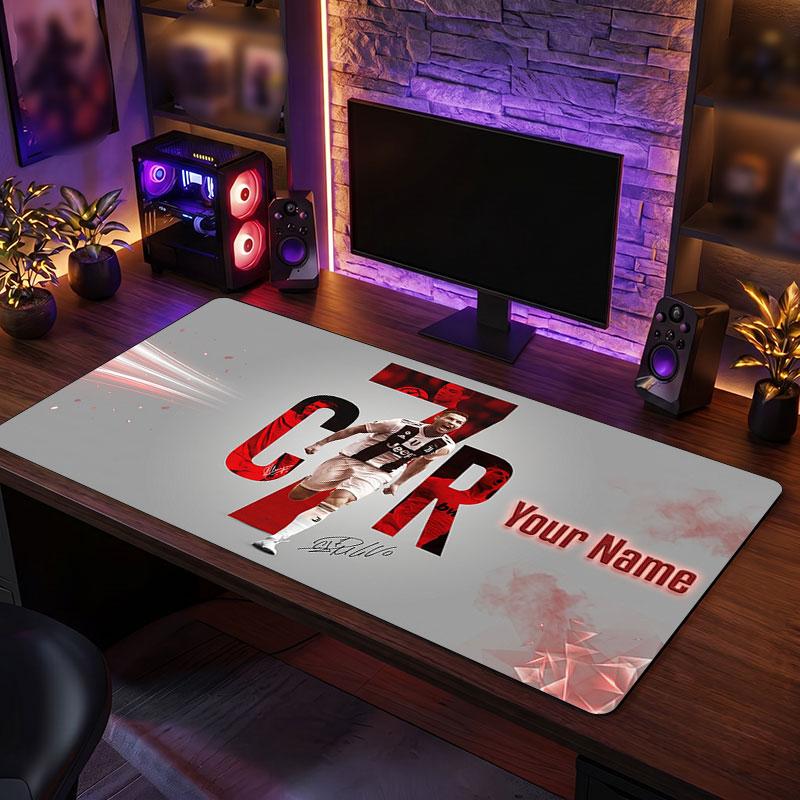Cristiano Ronaldo Custom Large Mouse Pad, Personalized Name Text Print, Football Logo Non‑Slip Desk Mat Gaming Gift