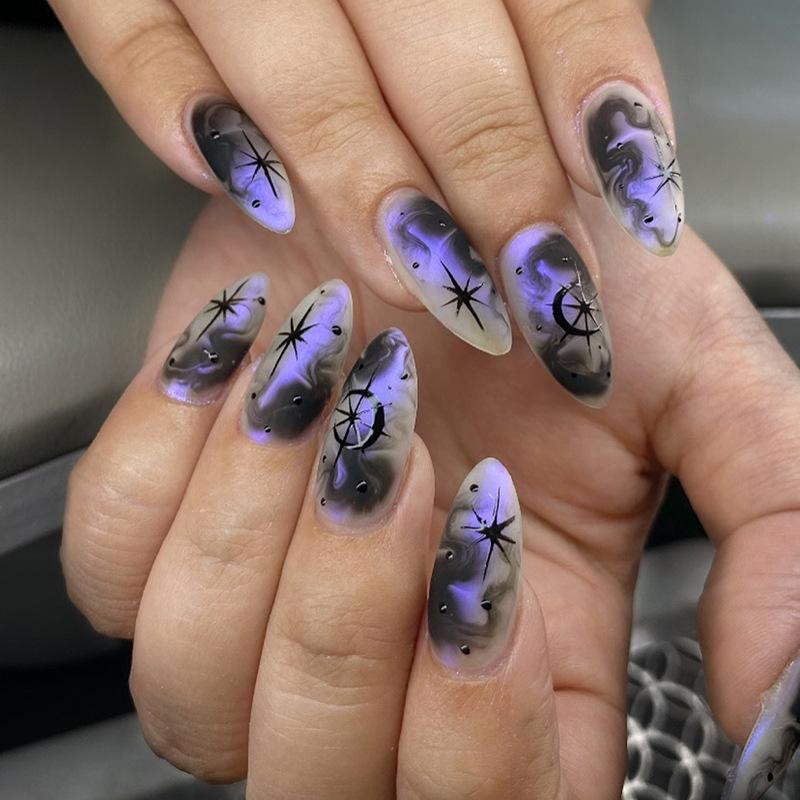 24Pcs Blue Almond Press On Nails With Gold Star Patterns Gentle Romantic Fake Nails For Spicy Girl Manicure