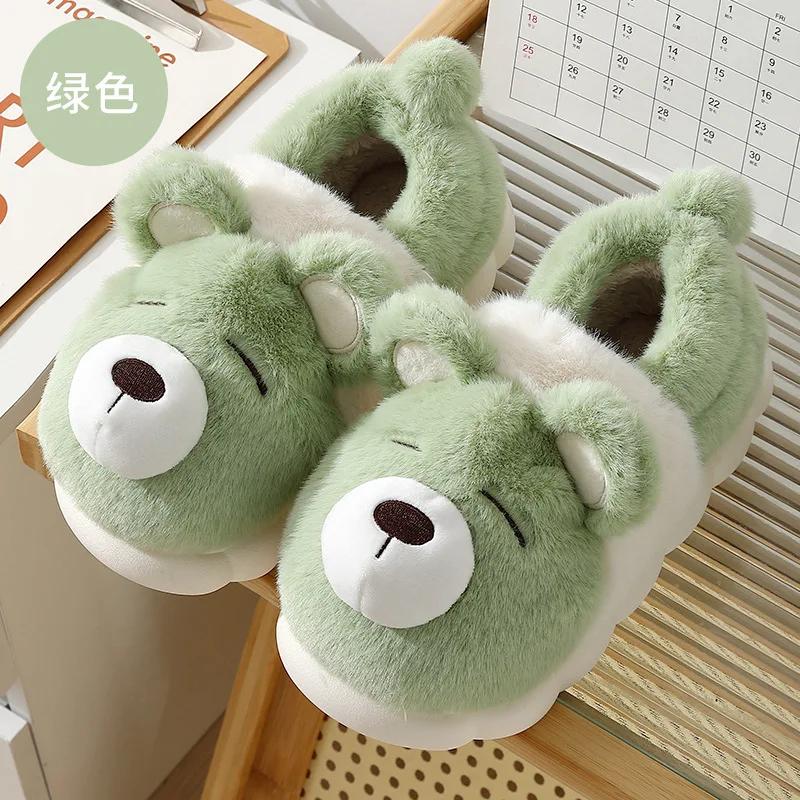 Женские зимние тапочки с рисунком медведя из мультфильма 2024 года, мужские мягкие тапочки на платформе и каблуке, теплые, удобные домашние пушистые домашние тапочки