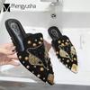 Fashion 2024 Crystal Fox Slippers Women Rivets Mules Ladies Flats Slides Slip On Loafers Metal Pointed Toe Flipflops Rhinestone Shoes