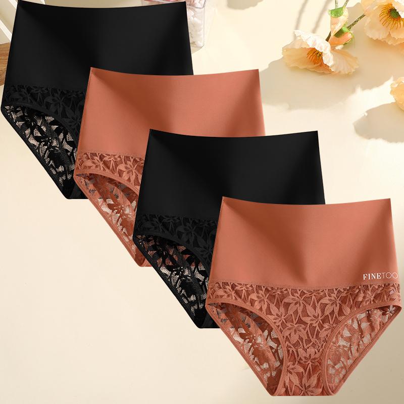 FINETOO 4Pcs Bodyshaper High Waist Lace Panties Women Underwear Soft Crotch Briefs Hollow Out Intimates Lingerie Ice Silk Briefs