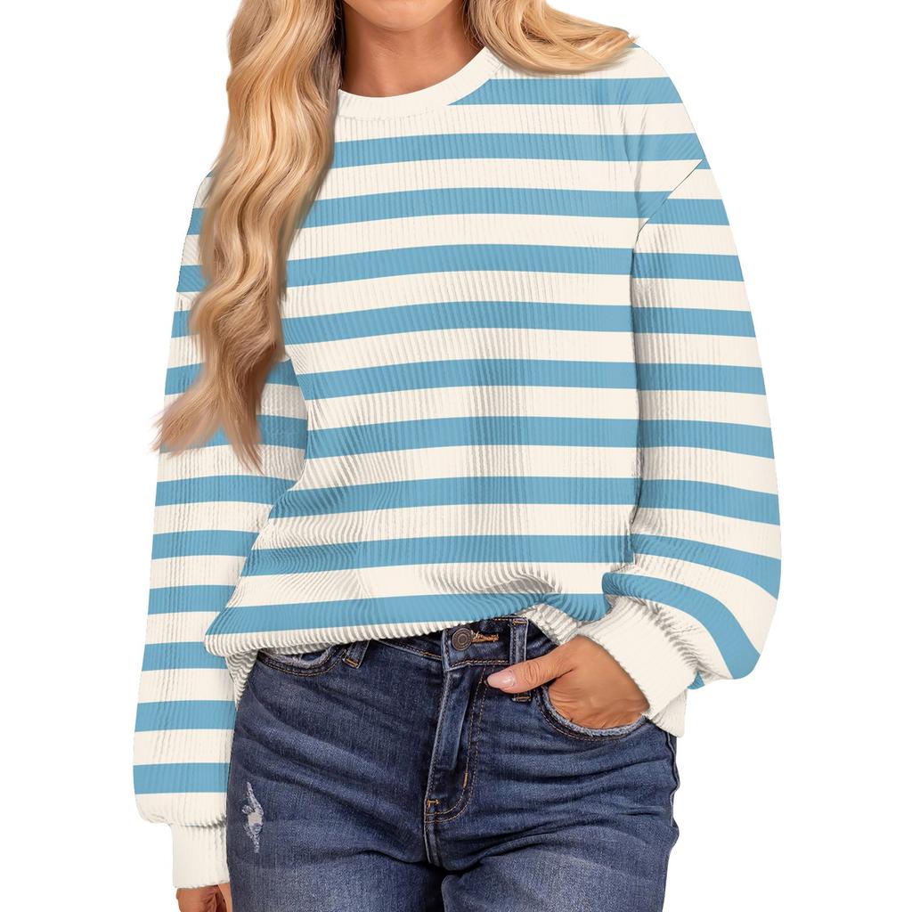 Женские повседневные свободные туники, топы с круглым вырезом, трикотажные ребристые рубашки с принтом, длинный рукав, пуловер, топ