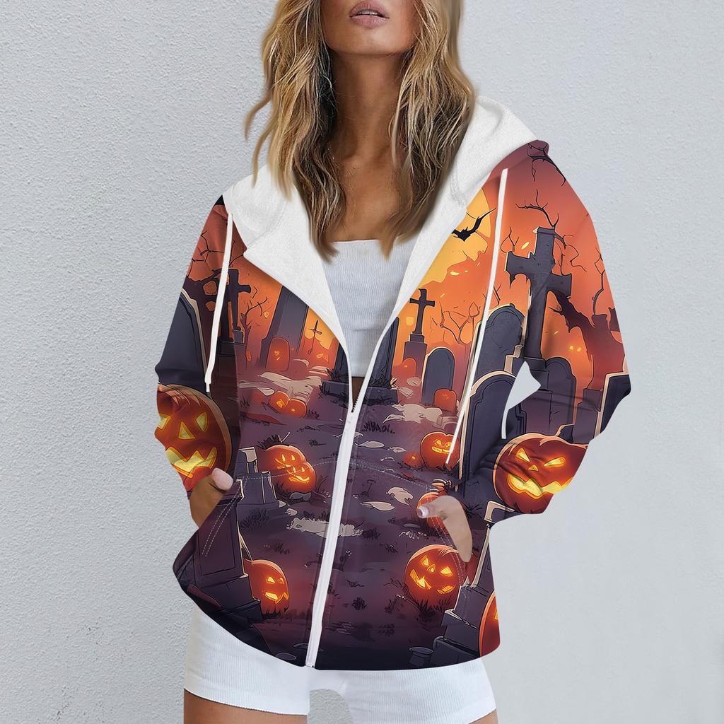 Женская повседневная спортивная одежда с принтом на Хэллоуин, осенне-зимняя куртка с капюшоном и длинными рукавами, с карманом на молнии