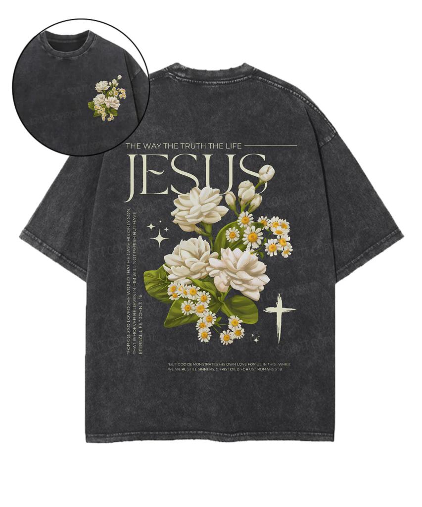 Jesus Flower Printed T-shirt Harajuku Washed Oversized T Shirt Summer Casual Short Sleeve Cotton Tees Tops Men Women Clothing