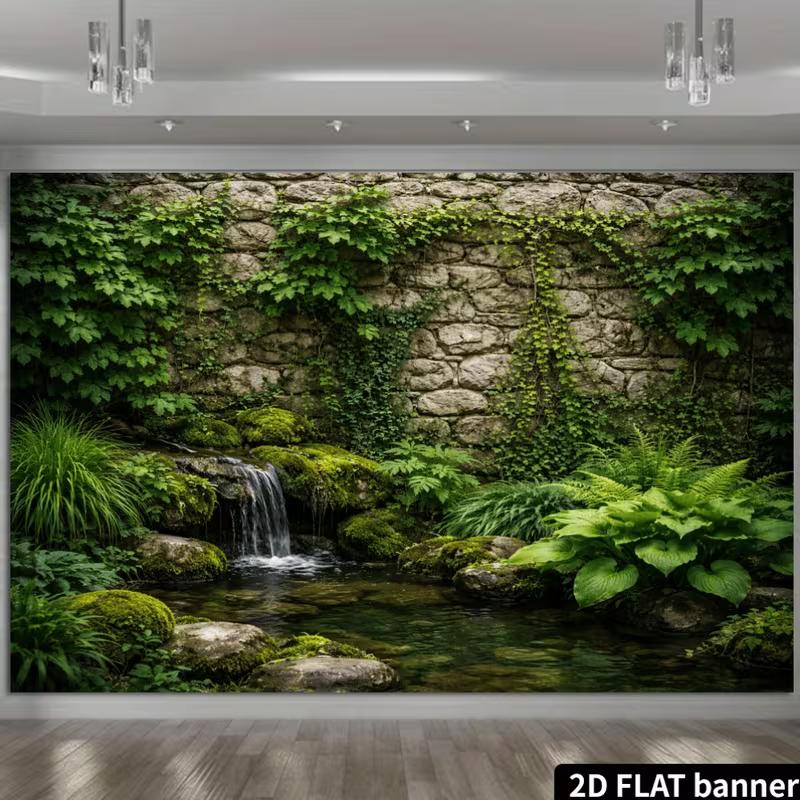 2D Enchanted Backyard Waterfall with Stone Wall Backdrop Photo Background