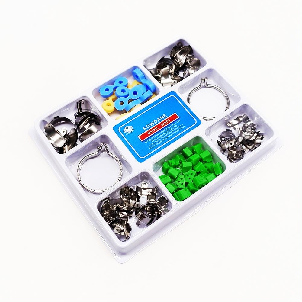 1 коробка, новые стоматологические 80 шт./упак., секционные контурные металлические матрицы, матрицы M4, набор матричных клиньев с дополнительными клиньями, резиновые клинья, полимерные зажимы