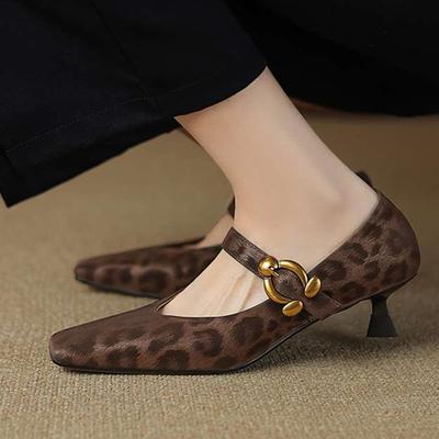 Овечья кожа Лето Весна Осень Шпильки Средний каблук леопардовый Женские квадратный носок Металлические украшения Неглубокие туфли-лодочки