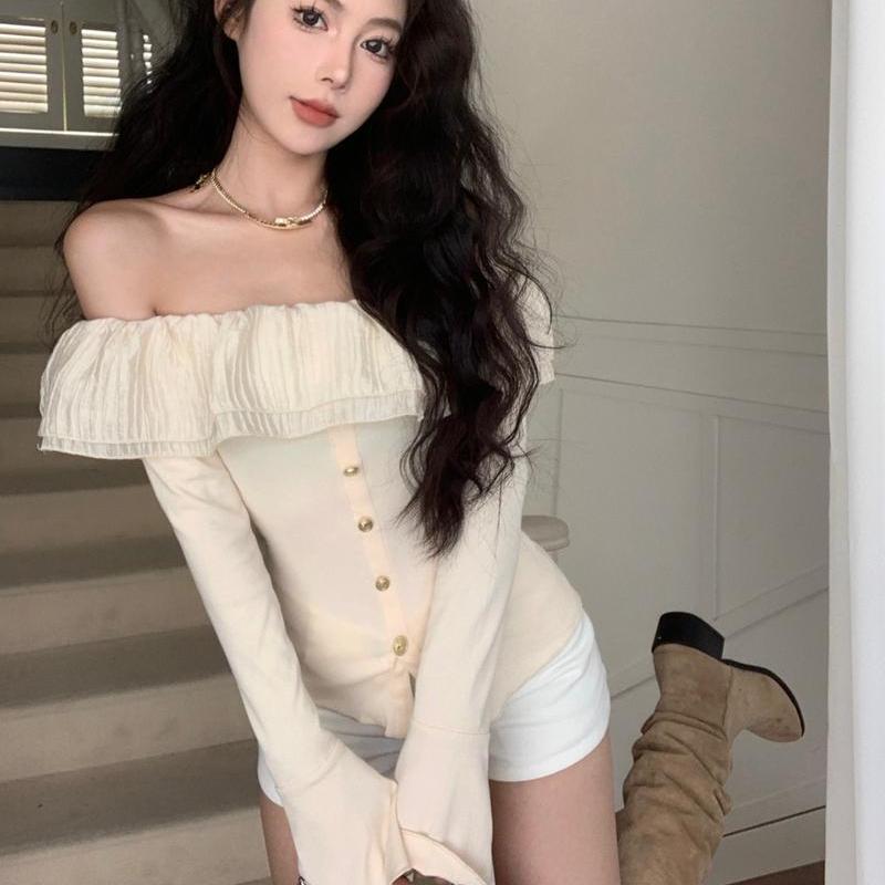 2KWEIRD Y2k Sexy T Shirt Women French Style Elegant Fashion Off Shoulder Crop Top Female Flare Sleeve Slash Neck Ruffle Slim Tees