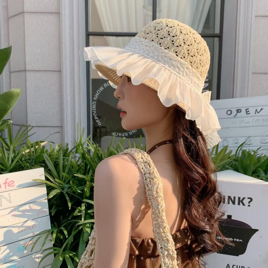Summer outdoor hollow breathable sunshade sunscreen hat children show face small lace streamer bow bucket hat