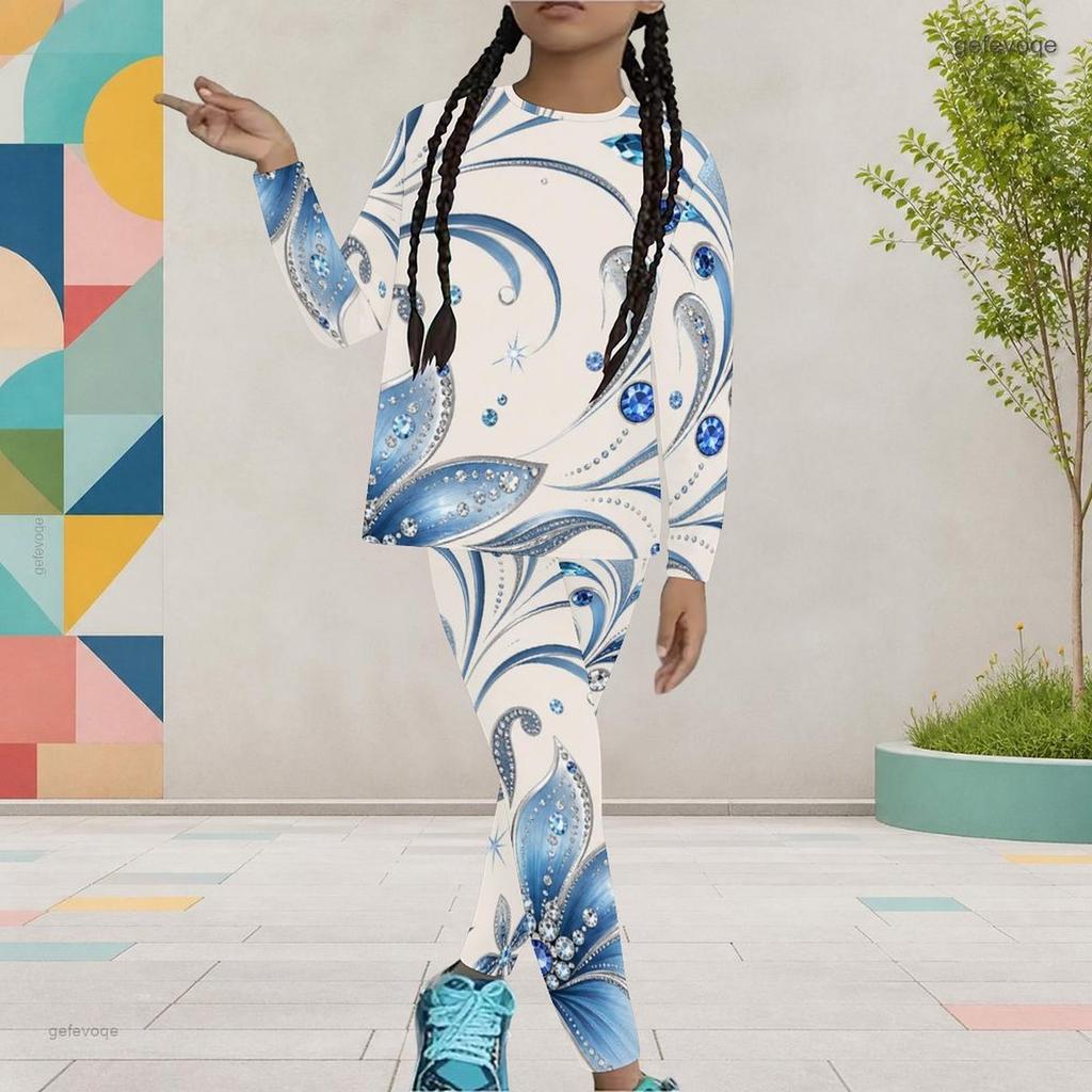 Girls Floral Printed Two Piece Set Round Neck Long Sleeve Top And Fitted Pants