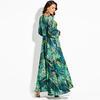 Summer new European and American lantern sleeves sexy deep V print, dress green leaf long dress
