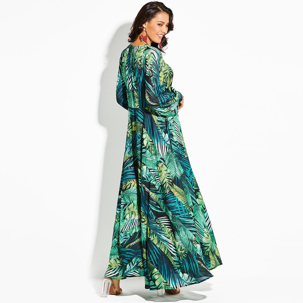 Summer new European and American lantern sleeves sexy deep V print, dress green leaf long dress