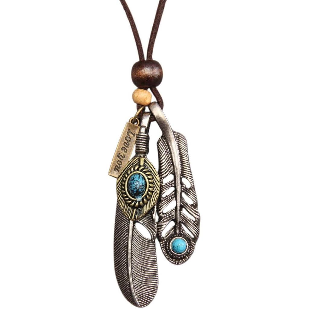 Leather Necklace for Women Boho Choker Necklace Long Cord Leather Pendant Bohemian Neckalce Vintage Alloy Pendant Leather Rope Necklace Wooden