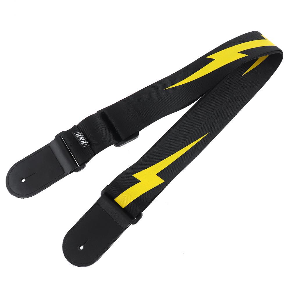 Регулируемый гитарный ремешок с желтым узором молний и головкой из натуральной кожи для акустической бас-гитары