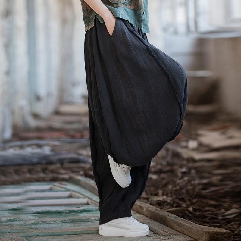 Women Vintage Ramie Pants Solid Color Loose Ramie Trouser Spring Elastic Waist Pockets Women Long Pants