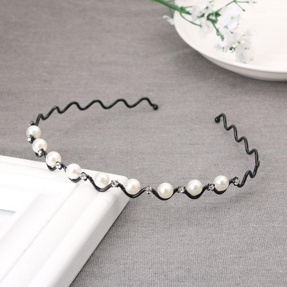 Rhinestone Wedding Jewelry for Women Headwear Black Silver Metal Pearl Crystal Wave Hairband