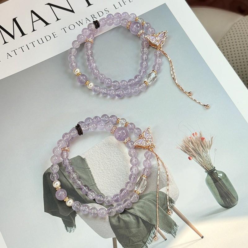 Lavender Amethyst Double Strand Bracelet Women Handmade Crystal Jewelry With Butterfly Charm Fairy Style