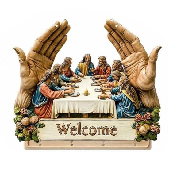 Деревянная христианская ключница 2D плоская Иисус Причастие Арт брелок-подставка с 4 крючками Религиозная настенная ключница для прихожей Домашний декор