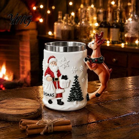 Christmas Stocking Stuffer Santa Claus Coffee Mug with Reindeer Handle, 300ml 3D Winter Party Tableware Embossed Resin Holiday Cup for Hot Cocoa, Home