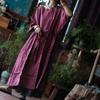 Women Vintage Bandage Dress O-Neck Seven Sleeve Autumn Dark Rose Loose Women Dresses
