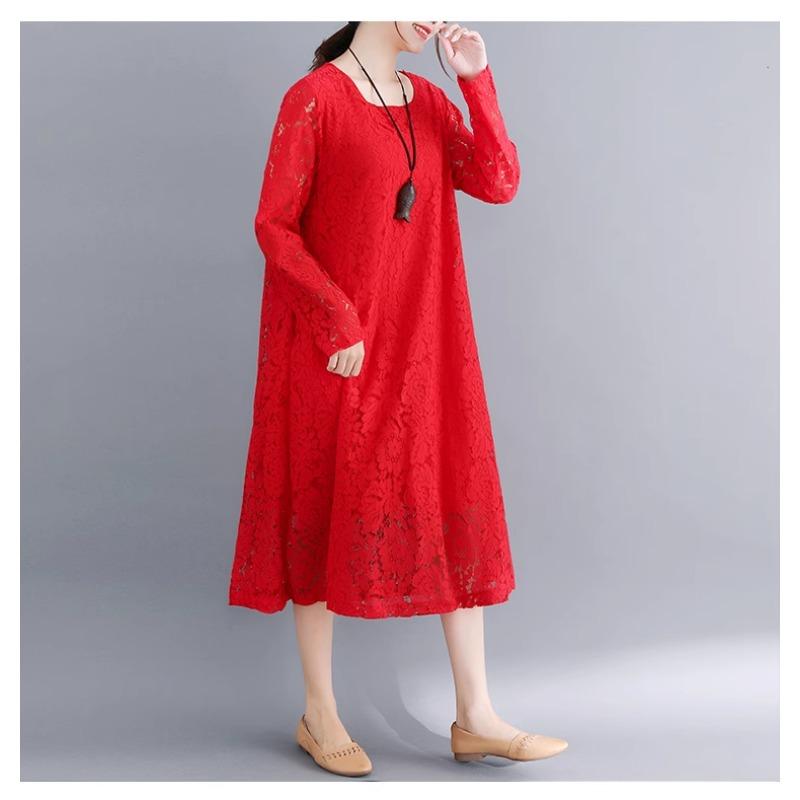 Весна-лето Плюс Размер Женское Однотонное Утягивающее Кружевное Платье