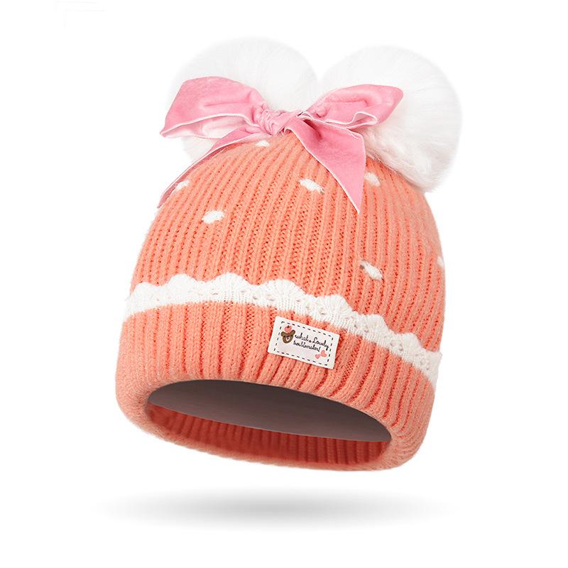 Детская осенне-зимняя шапка для девочек с бантом для волос, теплая вязаная защитная шапка для ушей, детская шерстяная шапка