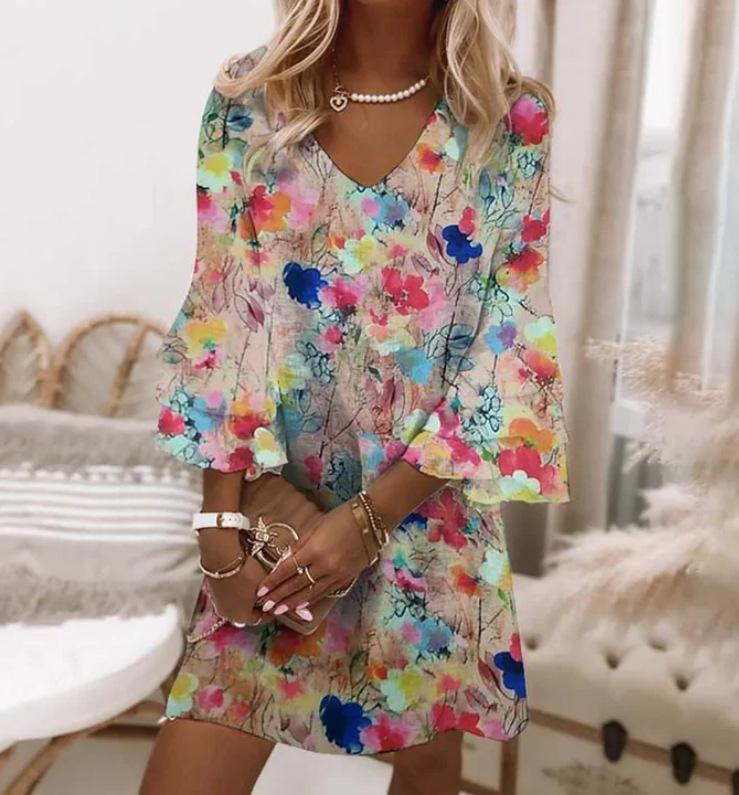 Новое, Свежее, С принтом, С V-образным вырезом, С 3/4 рукавом, Мини, Женское платье