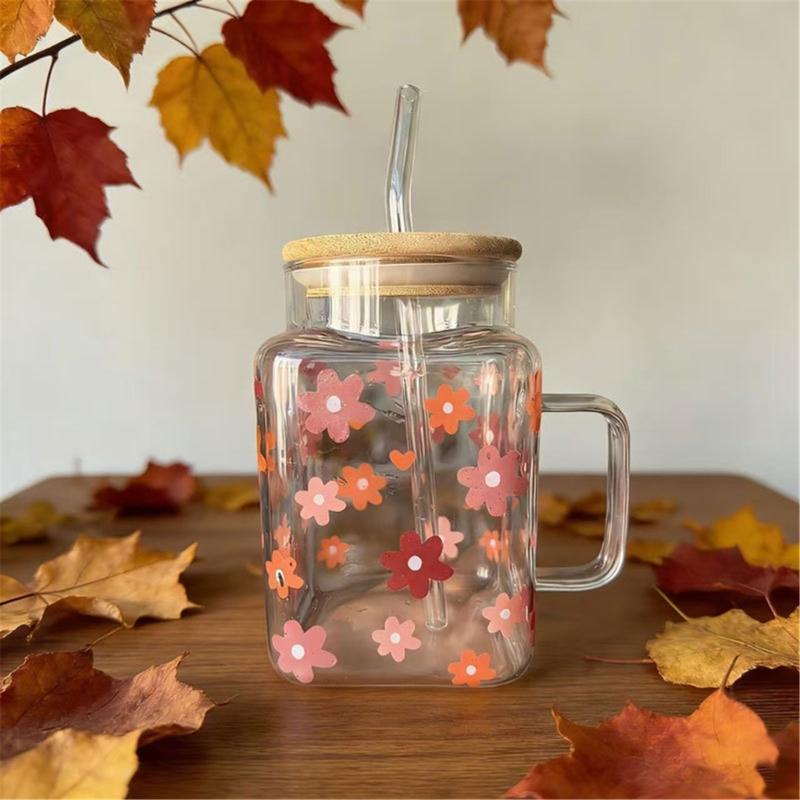 Premium Glass Tumblers With Ergonomic Handle And Straw Wooden Lid For Hot and Cold Drink Juice Coffee Tea Drinking Mug