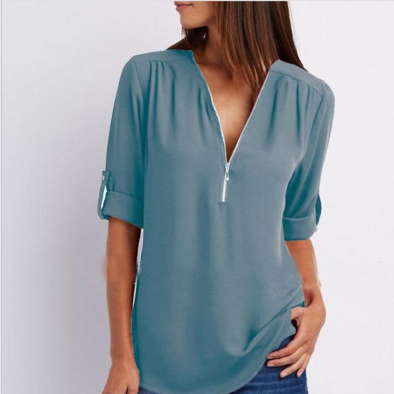 Рубашка с v-образным вырезом на молнии, женская футболка большого размера с длинными рукавами, свободная шифоновая рубашка