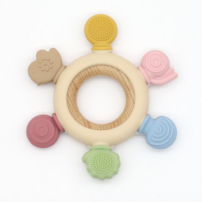 Food Grade Baby Silicone Teether Rudder Shape Wooden Ring Teething Toys BPA Free Infant Chewing Nursing Toy Newborn Gifts