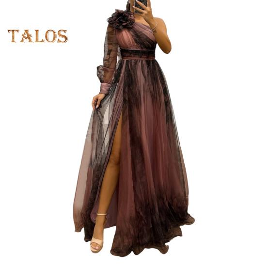 Женское вечернее платье с 3D-цветочным декором на одно плечо, плиссированное, сетчатое, банкетное платье, одно плечо, длинный рукав, тонкая талия, А-силуэт, длина до пола, разрез, подол, шар