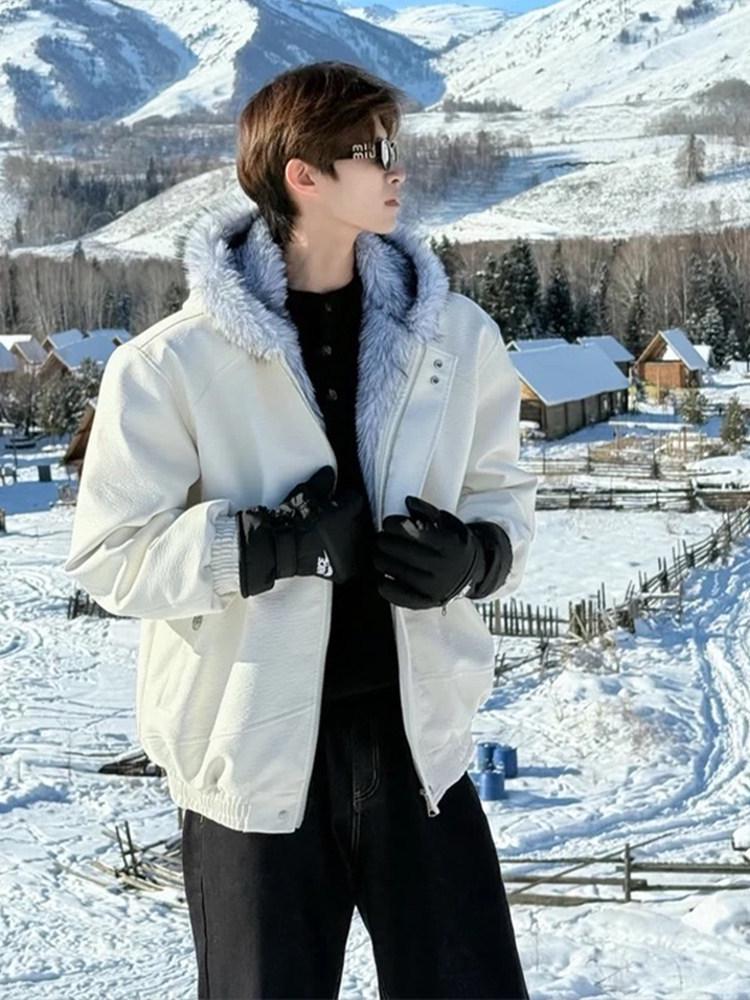 Unisex American Style Hooded PU Leather Jacket with Wolf and Eagle Design - Thick, Warm Cotton for Winter