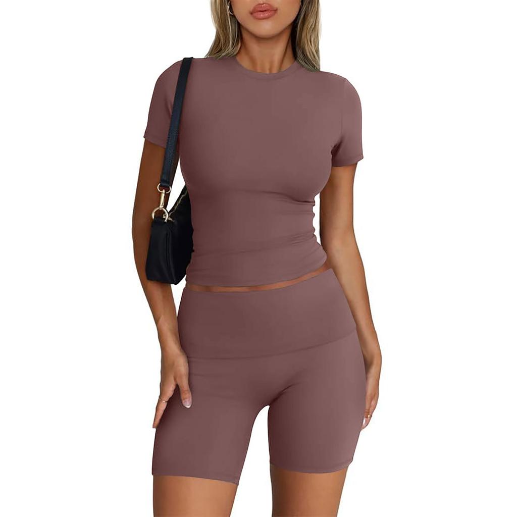 Женская мода, однотонный топ с круглым вырезом, облегающий топ с короткими рукавами, шорты, повседневные спортивные комплекты, спортивные костюмы