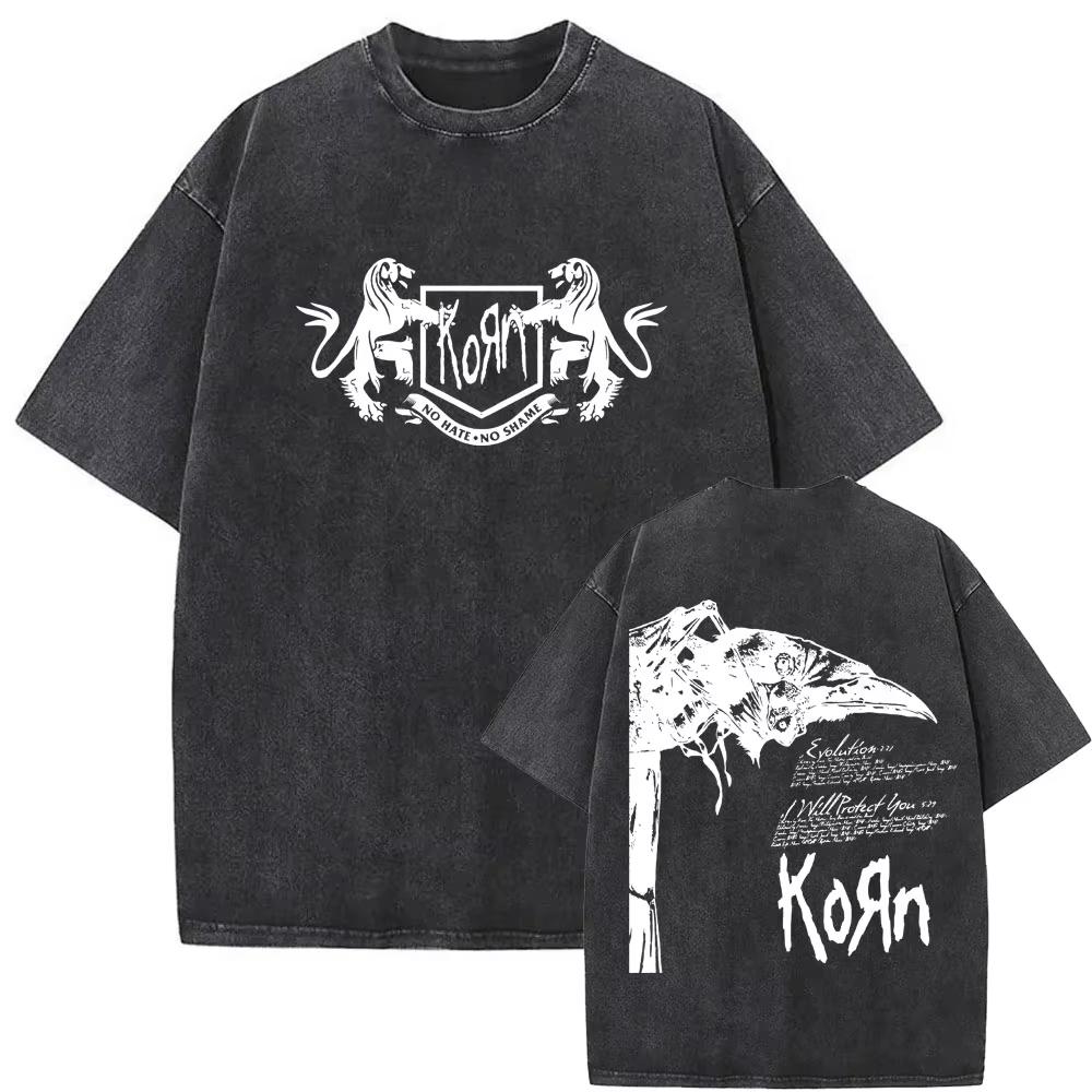 Washed Vintage Alternative Nu Metal Rock Band Korn Print Tshirt Men Oversized T-shirts Male Fashion T Shirts Y2k
